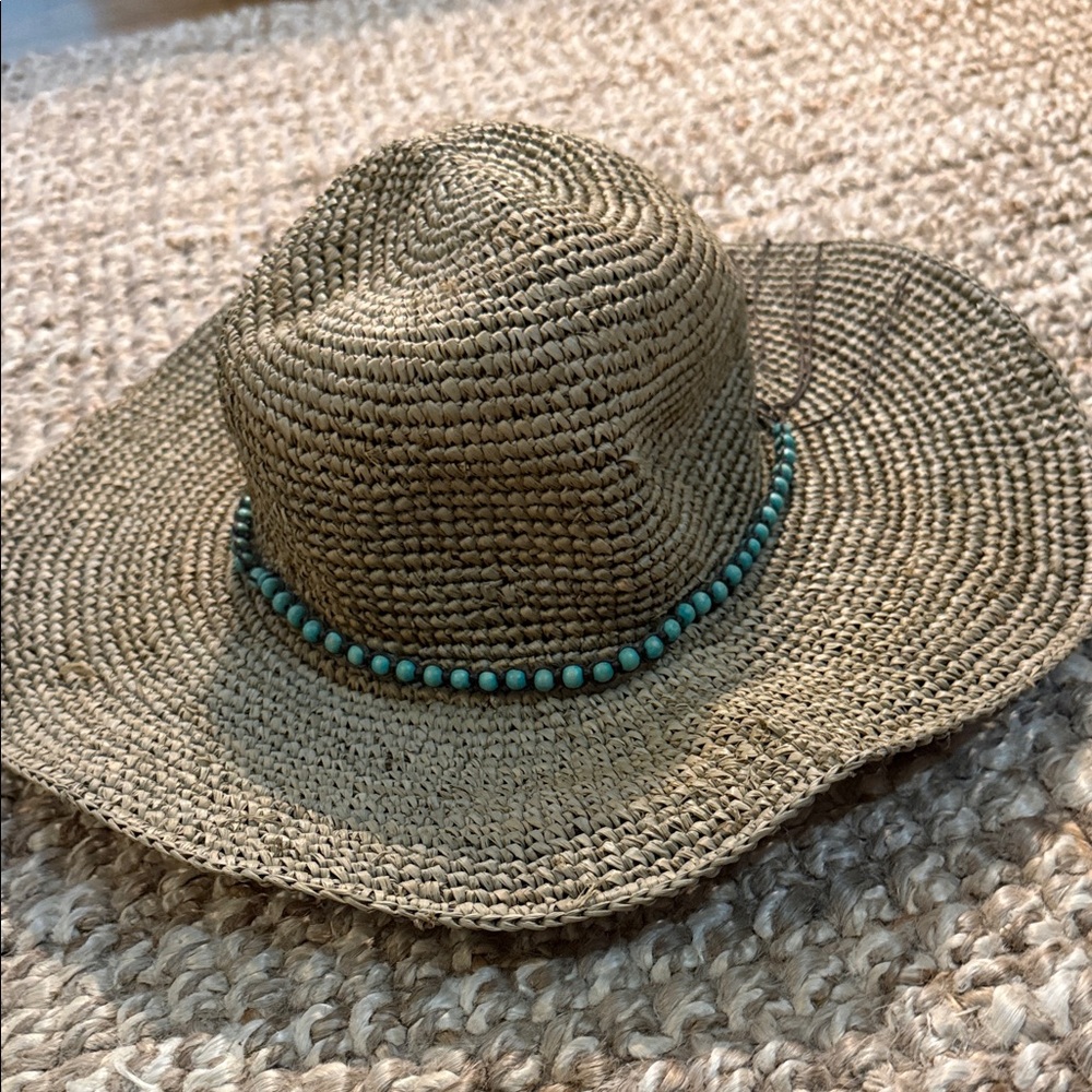Woven Straw Sun Hat with Turquoise Bead Trim - Women's Tan Summer Hat - Picture 7 of 7